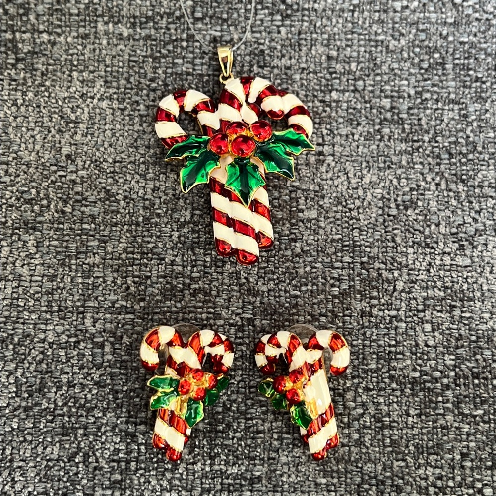 Vintage Holiday Brooch or Pendant Candy Canes with matching earring